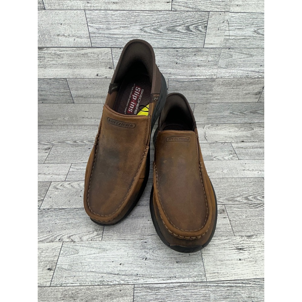 Skechers Slip‎ ins Men Brown Leather Loafer Shoes Slip On Memory Foam Size 8